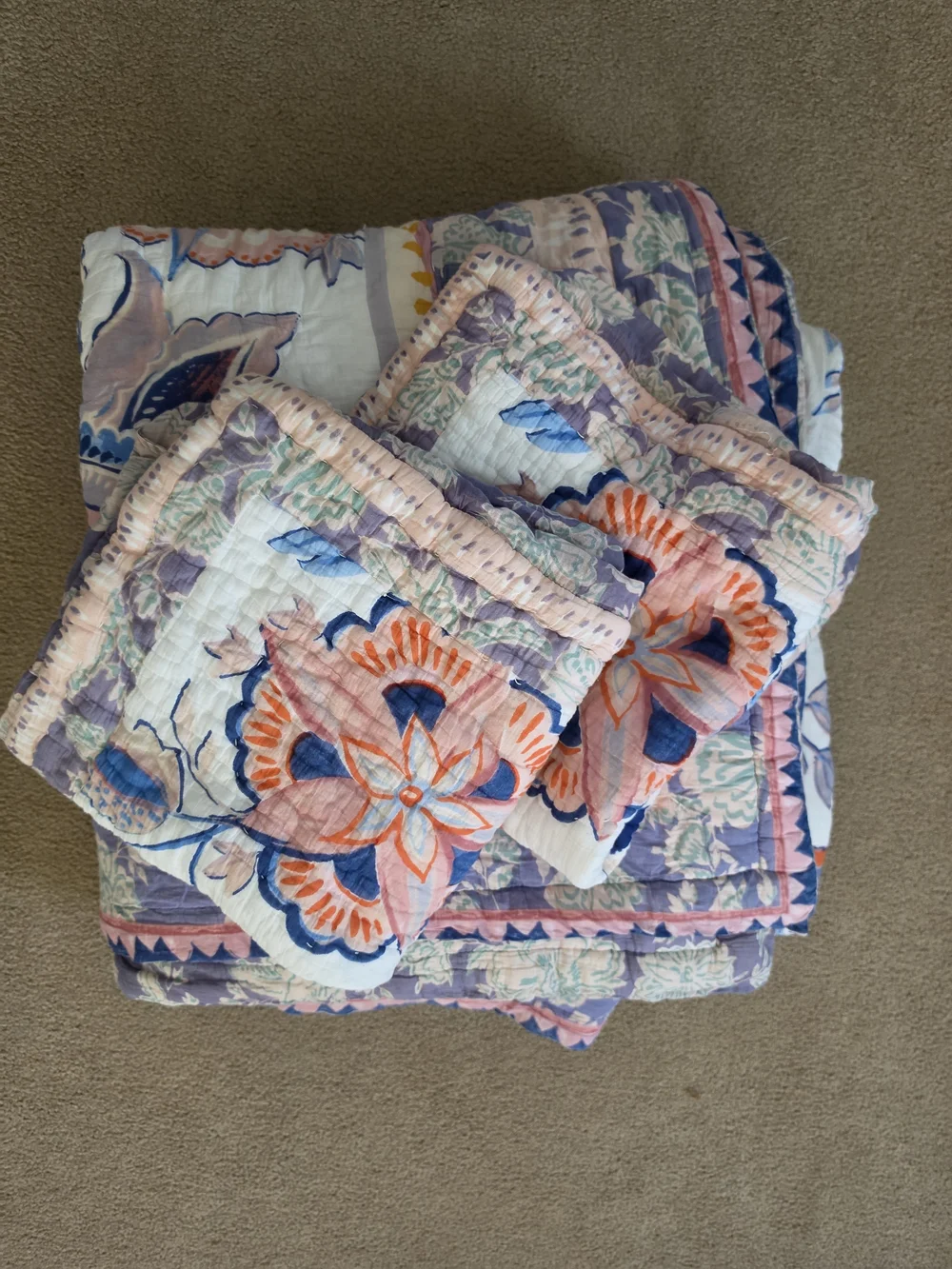 Anthropologie Brynne Floral Quilt And Two Shams in Coral, Navy & Lavender